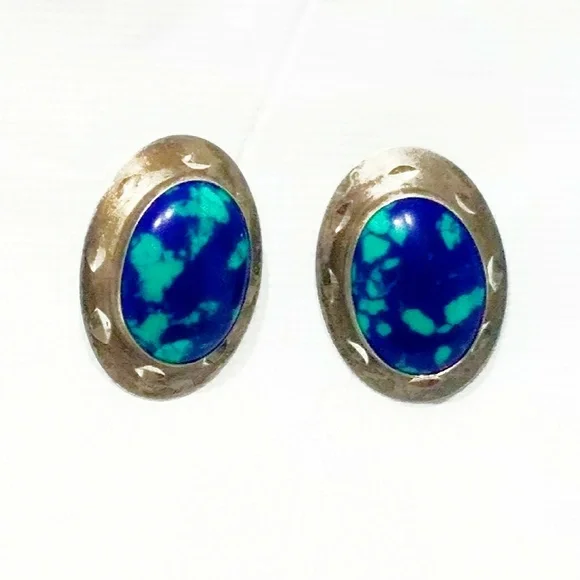 Vintage Azurite/Sterling Silver Native American Earrings - Picture 4 of 5